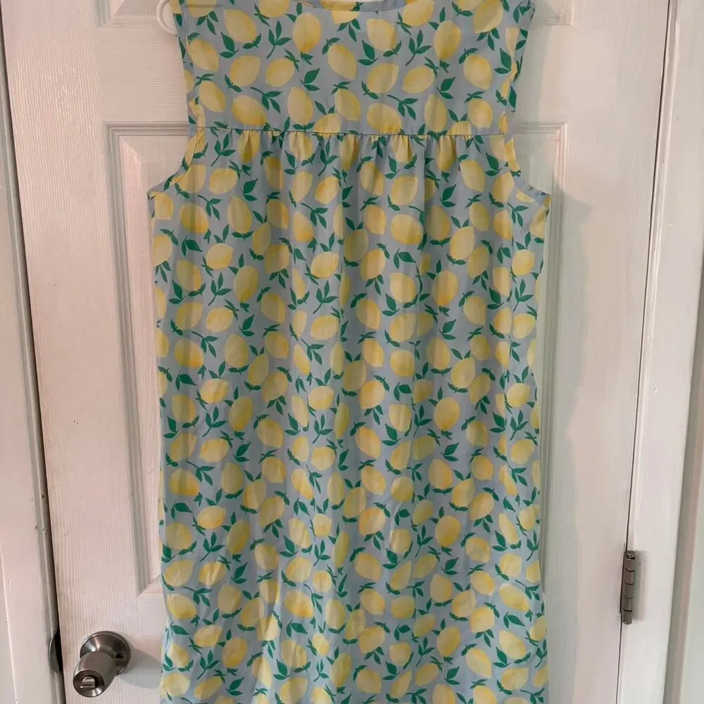 Lemon Print Mini Dress Cottagecore Summer Pocket Dress Blue Yellow Size L - Picture 3 of 8